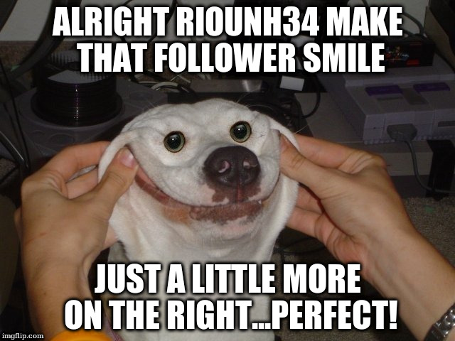 ALRIGHT RIOUNH34 MAKE THAT FOLLOWER SMILE; JUST A LITTLE MORE ON THE RIGHT...PERFECT! | made w/ Imgflip meme maker