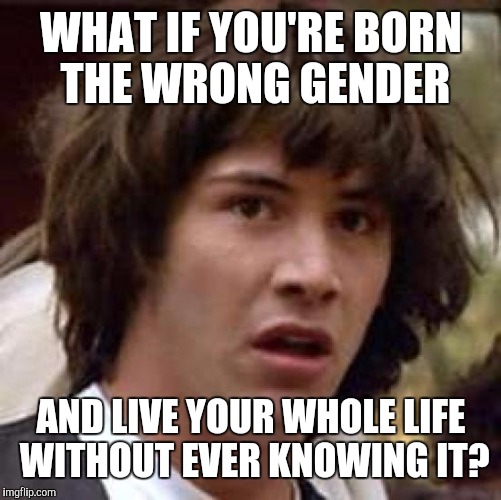 Conspiracy Keanu Meme | WHAT IF YOU'RE BORN THE WRONG GENDER AND LIVE YOUR WHOLE LIFE WITHOUT EVER KNOWING IT? | image tagged in memes,conspiracy keanu | made w/ Imgflip meme maker