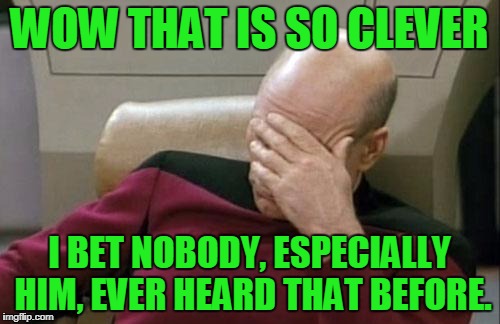 Captain Picard Facepalm Meme | WOW THAT IS SO CLEVER I BET NOBODY, ESPECIALLY HIM, EVER HEARD THAT BEFORE. | image tagged in memes,captain picard facepalm | made w/ Imgflip meme maker