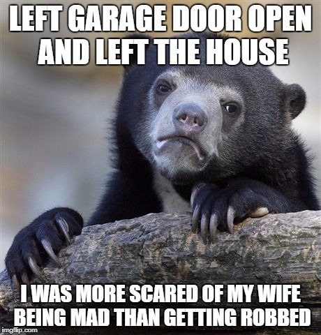 Confession Bear Meme | LEFT GARAGE DOOR OPEN AND LEFT THE HOUSE; I WAS MORE SCARED OF MY WIFE BEING MAD THAN GETTING ROBBED | image tagged in memes,confession bear | made w/ Imgflip meme maker