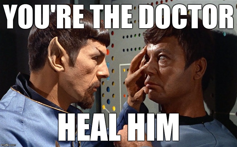 Try to explain LGTB to a Vulcan… | YOU'RE THE DOCTOR; HEAL HIM | image tagged in spock n bones,lgtb,memes,funny,vulcan | made w/ Imgflip meme maker