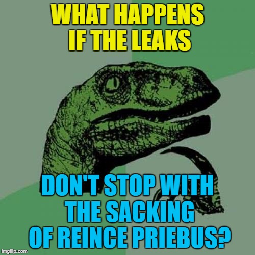 Everyone will get sacked :) | WHAT HAPPENS IF THE LEAKS; DON'T STOP WITH THE SACKING OF REINCE PRIEBUS? | image tagged in memes,philosoraptor,reince priebus,politics,trump,leaks | made w/ Imgflip meme maker