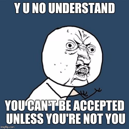 Y U No Meme | Y U NO UNDERSTAND YOU CAN'T BE ACCEPTED UNLESS YOU'RE NOT YOU | image tagged in memes,y u no | made w/ Imgflip meme maker