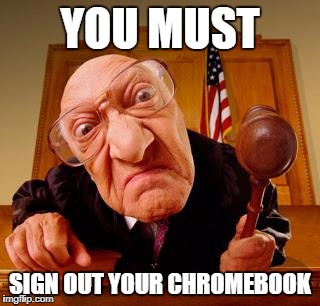 Mean Judge | YOU MUST; SIGN OUT YOUR CHROMEBOOK | image tagged in mean judge | made w/ Imgflip meme maker