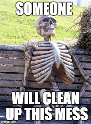 Waiting Skeleton Meme | SOMEONE; WILL CLEAN UP THIS MESS | image tagged in memes,waiting skeleton | made w/ Imgflip meme maker