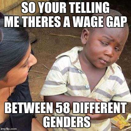 Third World Skeptical Kid Meme | SO YOUR TELLING ME THERES A WAGE GAP; BETWEEN 58 DIFFERENT GENDERS | image tagged in memes,third world skeptical kid | made w/ Imgflip meme maker