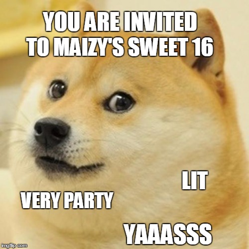 Doge Meme | YOU ARE INVITED; TO MAIZY'S SWEET 16; LIT; VERY PARTY; YAAASSS | image tagged in memes,doge | made w/ Imgflip meme maker