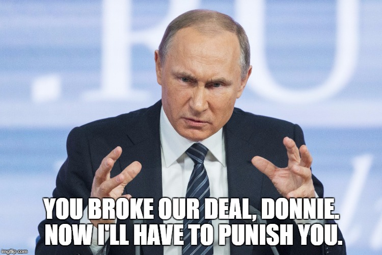 YOU BROKE OUR DEAL, DONNIE. NOW I'LL HAVE TO PUNISH YOU. | image tagged in angry putin | made w/ Imgflip meme maker