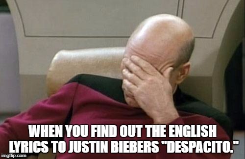 Captain Picard Facepalm | WHEN YOU FIND OUT THE ENGLISH LYRICS TO JUSTIN BIEBERS "DESPACITO." | image tagged in memes,captain picard facepalm | made w/ Imgflip meme maker