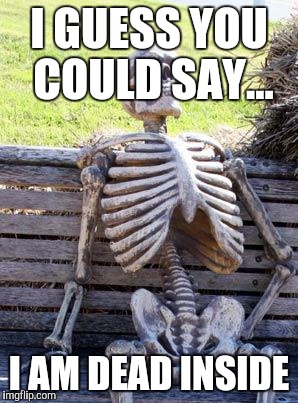 Waiting Skeleton Meme | I GUESS YOU COULD SAY... I AM DEAD INSIDE | image tagged in memes,waiting skeleton | made w/ Imgflip meme maker