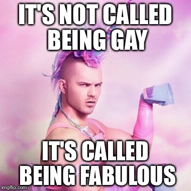 Everyone gets it wrong... | IT'S NOT CALLED BEING GAY; IT'S CALLED BEING FABULOUS | image tagged in memes,unicorn man | made w/ Imgflip meme maker