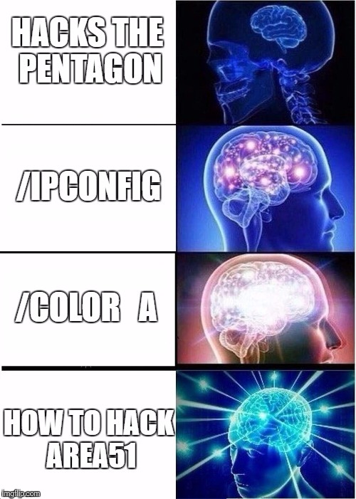hacks the pentagon, /ipconfig, /color a, how to hack area 51 | image tagged in expanding brain,hackerman,computer,google search,hacking | made w/ Imgflip meme maker