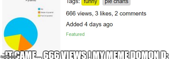 Demon meme | IT CAME... 666 VIEWS ! MY MEME DOMON D: | image tagged in demon,666 | made w/ Imgflip meme maker