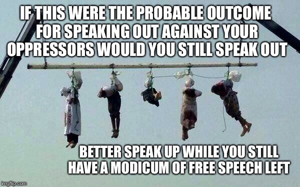 Use It of Lose It | IF THIS WERE THE PROBABLE OUTCOME FOR SPEAKING OUT AGAINST YOUR OPPRESSORS WOULD YOU STILL SPEAK OUT; BETTER SPEAK UP WHILE YOU STILL HAVE A MODICUM OF FREE SPEECH LEFT | image tagged in free speech,opressor,saudi arabia,beheading,crucifixion,speak | made w/ Imgflip meme maker