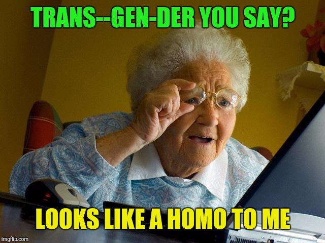 Grandma Finds The Internet Meme | TRANS--GEN-DER YOU SAY? LOOKS LIKE A HOMO TO ME | image tagged in memes,grandma finds the internet | made w/ Imgflip meme maker