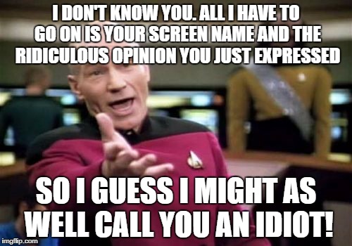 The rules of Internet civility | I DON'T KNOW YOU. ALL I HAVE TO GO ON IS YOUR SCREEN NAME AND THE RIDICULOUS OPINION YOU JUST EXPRESSED; SO I GUESS I MIGHT AS WELL CALL YOU AN IDIOT! | image tagged in memes,picard wtf | made w/ Imgflip meme maker