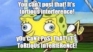 Mocking Spongebob Meme | You can't post that! It's tortious interference! yOu CaN't PoSt ThAT! iT's ToRtIoUs InTeRfEReNcE! | image tagged in spongebob mock | made w/ Imgflip meme maker