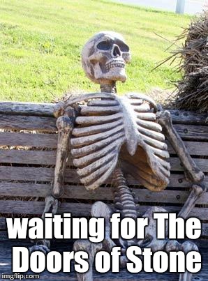 I guess only people who have read the first two books will understand... | waiting for The Doors of Stone | image tagged in memes,waiting skeleton | made w/ Imgflip meme maker