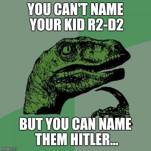 Seems Legit | YOU CAN'T NAME YOUR KID R2-D2; BUT YOU CAN NAME THEM HITLER... | image tagged in memes,philosoraptor | made w/ Imgflip meme maker