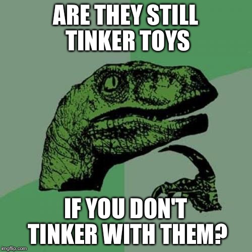 Philosoraptor | ARE THEY STILL TINKER TOYS; IF YOU DON'T TINKER WITH THEM? | image tagged in memes,philosoraptor | made w/ Imgflip meme maker