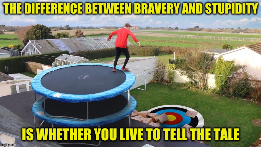 THE DIFFERENCE BETWEEN BRAVERY AND STUPIDITY; IS WHETHER YOU LIVE TO TELL THE TALE | image tagged in memes,stupidity,bravery,trampolines,dangerous | made w/ Imgflip meme maker