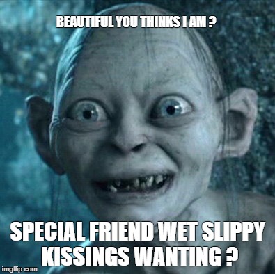 Gollum Meme | BEAUTIFUL YOU THINKS I AM ? SPECIAL FRIEND WET SLIPPY KISSINGS WANTING ? | image tagged in memes,gollum | made w/ Imgflip meme maker