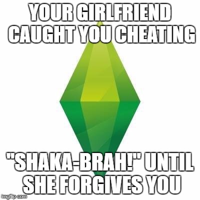 Chill out dude! | YOUR GIRLFRIEND CAUGHT YOU CHEATING; "SHAKA-BRAH!" UNTIL SHE FORGIVES YOU | image tagged in sims logic,memes,shaka-brah,funny,the sims,sims | made w/ Imgflip meme maker