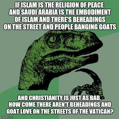 Honestly why? | IF ISLAM IS THE RELIGION OF PEACE AND SAUDI ARABIA IS THE EMBODIMENT OF ISLAM AND THERE'S BEHEADINGS ON THE STREET AND PEOPLE BANGING GOATS; AND CHRISTIANITY IS JUST AS BAD. HOW COME THERE AREN'T BEHEADINGS AND GOAT LOVE ON THE STREETS OF THE VATICAN? | image tagged in memes,philosoraptor | made w/ Imgflip meme maker