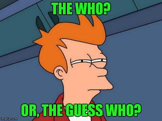 Futurama Fry Meme | THE WHO? OR, THE GUESS WHO? | image tagged in memes,futurama fry | made w/ Imgflip meme maker