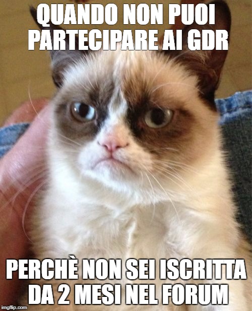 Grumpy Cat Meme | QUANDO NON PUOI PARTECIPARE AI GDR; PERCHÈ NON SEI ISCRITTA DA 2 MESI NEL FORUM | image tagged in memes,grumpy cat | made w/ Imgflip meme maker