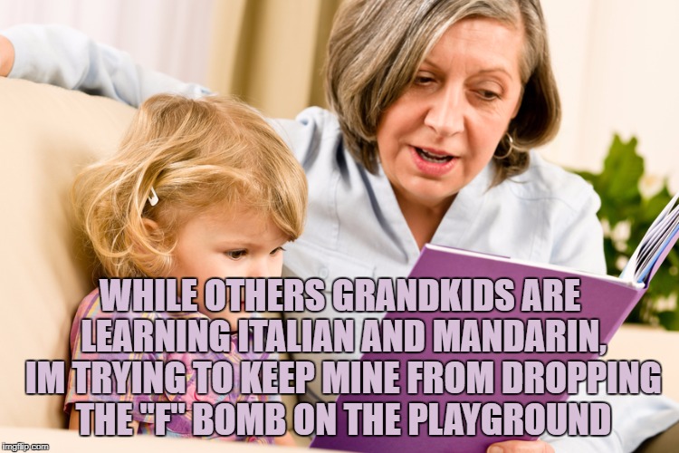 Grandma reading | WHILE OTHERS GRANDKIDS ARE LEARNING ITALIAN AND MANDARIN, IM TRYING TO KEEP MINE FROM DROPPING THE "F" BOMB ON THE PLAYGROUND | image tagged in grandma,grandkids,funny,funny memes,memes,fuck | made w/ Imgflip meme maker
