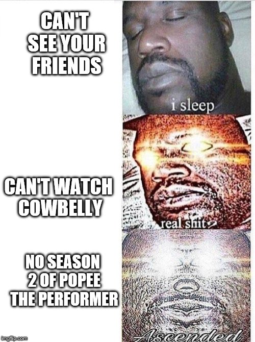 I sleep meme with ascended template | CAN'T SEE YOUR FRIENDS; CAN'T WATCH COWBELLY; NO SEASON 2 OF POPEE THE PERFORMER | image tagged in i sleep meme with ascended template | made w/ Imgflip meme maker