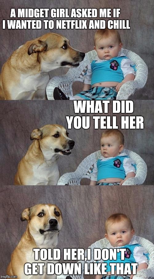 Dad Joke Dog Meme | A MIDGET GIRL ASKED ME IF I WANTED TO NETFLIX AND CHILL; WHAT DID YOU TELL HER; TOLD HER,I DON'T GET DOWN LIKE THAT | image tagged in memes,dad joke dog | made w/ Imgflip meme maker