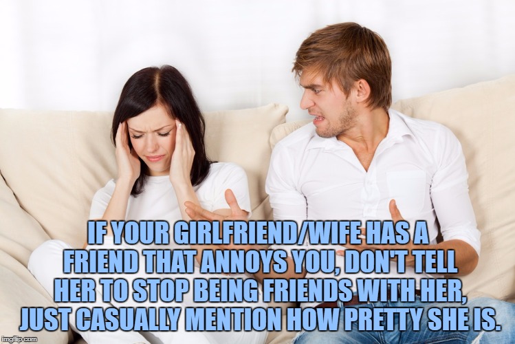 Couple Fighting | IF YOUR GIRLFRIEND/WIFE HAS A FRIEND THAT ANNOYS YOU, DON'T TELL HER TO STOP BEING FRIENDS WITH HER, JUST CASUALLY MENTION HOW PRETTY SHE IS. | image tagged in couple arguing,memes,funny,funny memes,spouse,annoying | made w/ Imgflip meme maker