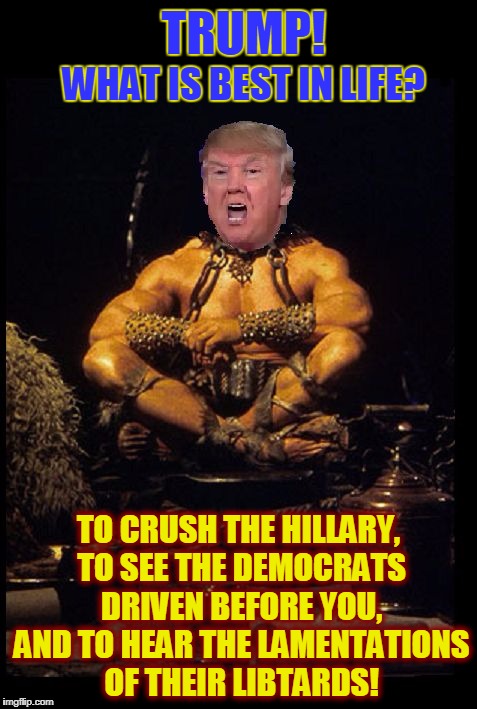 What is Best in Life? Trump! | TRUMP! WHAT IS BEST IN LIFE? TO CRUSH THE HILLARY, TO SEE THE DEMOCRATS DRIVEN BEFORE YOU, AND TO HEAR THE LAMENTATIONS OF THEIR LIBTARDS! | image tagged in trump the destroyer,funny,memes,mxm | made w/ Imgflip meme maker