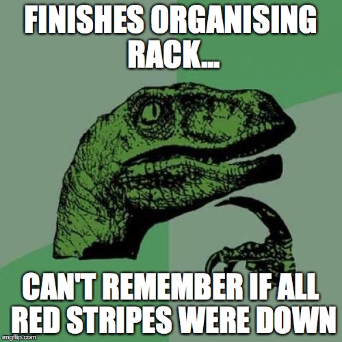 Philosoraptor Meme | FINISHES ORGANISING RACK... CAN'T REMEMBER IF ALL RED STRIPES WERE DOWN | image tagged in memes,philosoraptor | made w/ Imgflip meme maker