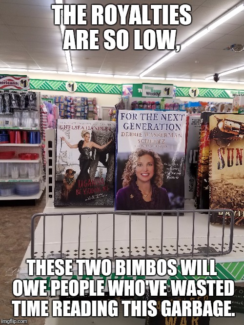 Dollar Store Dopes | THE ROYALTIES ARE SO LOW, THESE TWO BIMBOS WILL OWE PEOPLE WHO'VE WASTED TIME READING THIS GARBAGE. | image tagged in dollar store,debbie wasserman schultz,chelsea,books,sad girl meme | made w/ Imgflip meme maker