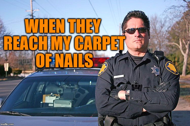 police | WHEN THEY REACH MY CARPET OF NAILS | image tagged in police | made w/ Imgflip meme maker