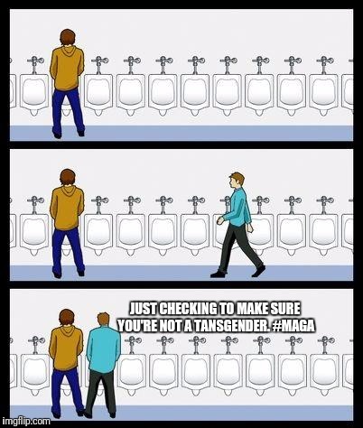 Urinal Guy | JUST CHECKING TO MAKE SURE YOU'RE NOT A TANSGENDER. #MAGA | image tagged in urinal guy | made w/ Imgflip meme maker