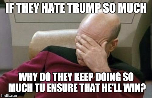 Captain Picard Facepalm Meme | IF THEY HATE TRUMP SO MUCH WHY DO THEY KEEP DOING SO MUCH TU ENSURE THAT HE'LL WIN? | image tagged in memes,captain picard facepalm | made w/ Imgflip meme maker