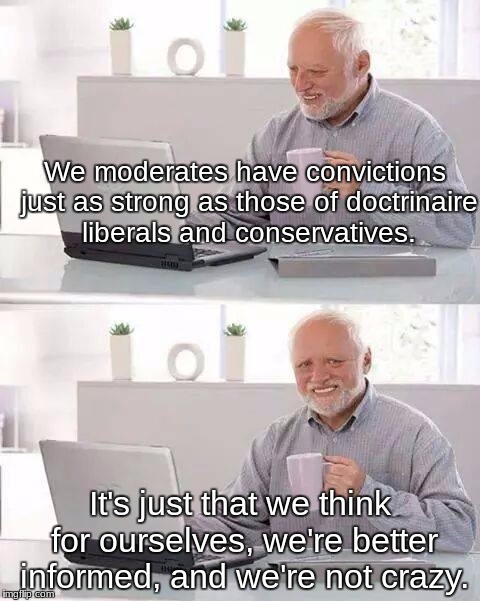 Hide the Pain Harold | We moderates have convictions just as strong as those of doctrinaire liberals and conservatives. It's just that we think for ourselves, we're better informed, and we're not crazy. | image tagged in memes,hide the pain harold | made w/ Imgflip meme maker