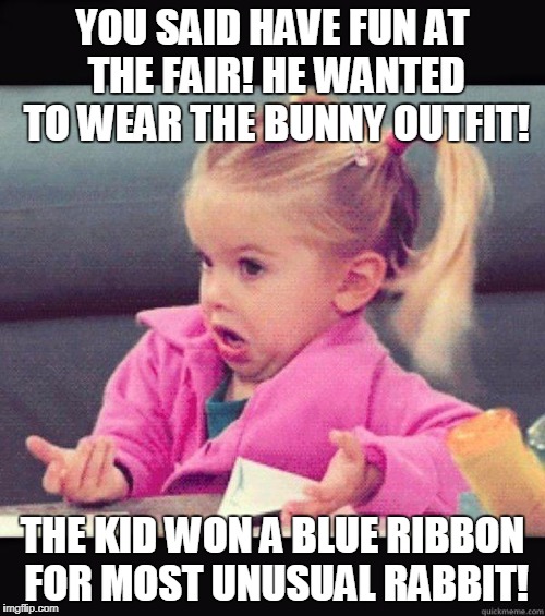 Blue Ribbon Brother | YOU SAID HAVE FUN AT THE FAIR! HE WANTED TO WEAR THE BUNNY OUTFIT! THE KID WON A BLUE RIBBON FOR MOST UNUSUAL RABBIT! | image tagged in idk girl | made w/ Imgflip meme maker