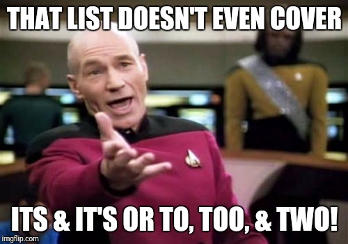 Picard Wtf Meme | THAT LIST DOESN'T EVEN COVER ITS & IT'S OR TO, TOO, & TWO! | image tagged in memes,picard wtf | made w/ Imgflip meme maker