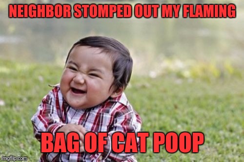 Evil Toddler Meme | NEIGHBOR STOMPED OUT MY FLAMING; BAG OF CAT POOP | image tagged in memes,evil toddler | made w/ Imgflip meme maker