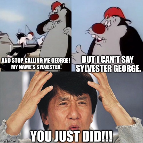 BUT I CAN'T SAY SYLVESTER GEORGE. AND STOP CALLING ME GEORGE! MY NAME'S SYLVESTER. YOU JUST DID!!! | image tagged in memes | made w/ Imgflip meme maker