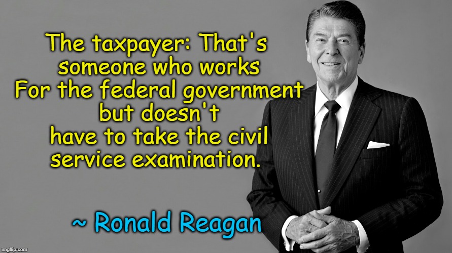 Ronald Reagan |  The taxpayer: That's someone who works For the federal government but doesn't have to take the civil service examination. ~ Ronald Reagan | image tagged in ronald reagan | made w/ Imgflip meme maker