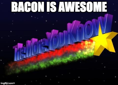 the more you know | BACON IS AWESOME | image tagged in the more you know,iwanttobebacon,iwanttobebaconcom,bacon,nbc | made w/ Imgflip meme maker