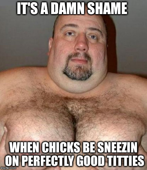 Hairy Mansome | IT'S A DAMN SHAME WHEN CHICKS BE SNEEZIN ON PERFECTLY GOOD TITTIES | image tagged in hairy mansome | made w/ Imgflip meme maker