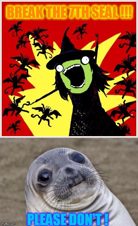 Oh the wickedness !!! | BREAK THE 7TH SEAL !!! PLEASE DON'T ! | image tagged in wicked witch,awkward moment sealion | made w/ Imgflip meme maker