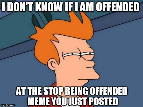 This is what some folks on social media are like.  |  I DON'T KNOW IF I AM OFFENDED; AT THE STOP BEING OFFENDED MEME YOU JUST POSTED | image tagged in memes,futurama fry,offended,liberals | made w/ Imgflip meme maker